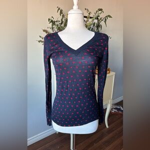 The Limited Navy Blue Heart Print V-Neck Wool Blend Sweater - Medium